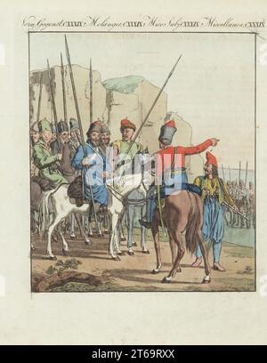 Russian irregular light horse. Officer 1 and cavalryman of the Don Cossacks, Kalmyk 3, Ural Cossack 4, Black Sea Cossack lancers 5, and Albanian infantryman with musket and pistols 6. Handcoloured copperplate engraving from Carl Bertuch's Bilderbuch fur Kinder (Picture Book for Children), Weimar, 1810. A 12-volume encyclopedia for children illustrated with almost 1,200 engraved plates on natural history, science, costume, mythology, etc., published from 1790-1830. Stock Photo