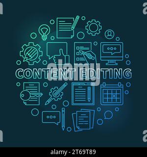Content Editing vector round concept colorful outline illustration on dark background Stock Vector
