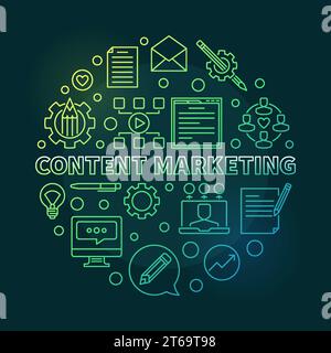 Content Marketing vector round concept green outline illustration on dark background Stock Vector