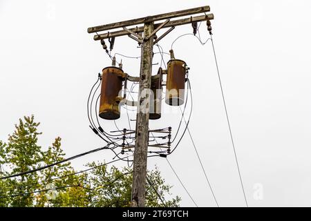 A wooden utility pole carrying three rusted distribution transformers stands against autumn-coloured trees in the Pullman neighborhood on Chicago's South Side, Illinois, USA. The company town George Pullman founded in 1880 has been gentrifying since the end of the 20th century. Many residents are involved in the restoration of their own homes and in projects throughout the neighborhood. Stock Photo