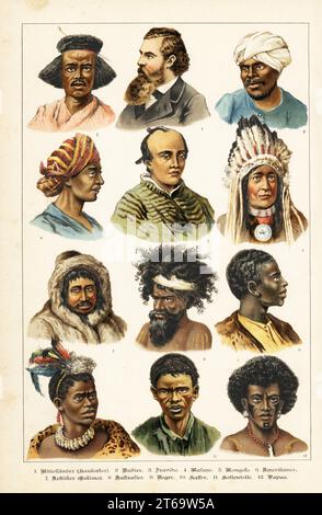 Caucasian 1, Nubian 2, Dravidian in turban 3, Malay 4, Mongol with chonmage 5, Native American with feather headdress 6, Inuit 7, Australian aborigine 8, African 9, Bantu 10, Khoisan 11, and Papuan with facial tattoos 12. Chromolithograph from Gotthilf Heinrich von Schubert's Natural History of Animal Kingdoms for School and Home (Naturgeschichte des Tierreichs fur Schule und Haus), Schreiber, Munich, 1886. Stock Photo