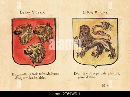 Imaginary coats of arms of King Arthurs Knights of the Round Table: Edern ap Nudd with three lion heads and King Rience with purple leopard. Chevaliers de la table ronde: Le Roy YDIER, Le Roy RIONS. Handcoloured woodblock engraving from Hierosme de Baras Le Blason des Armoiries, Chez Rolet Boutonne, Paris, 1628. Stock Photo