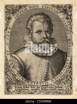 Jan Huyghen or Jan Huyghen van Linschoten, Dutch Protestant merchant, traveller and historian, 1563-1611. Joannes Hugonis Alinschoten Haerlemensis. Copperplate engraving by Johann Theodore de Bry from Jean-Jacques Boissards Bibliotheca Chalcographica, Johann Ammonius, Frankfurt, 1650. Stock Photo