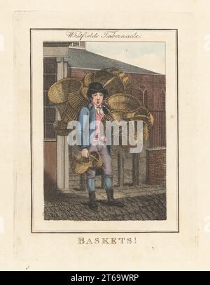 Basket seller in front of Whitfields Tabernacle, London, 1805. Basket weaver in top hat, coat, waistcoat, breeches and boots, with stock of rush and willow baskets. Moorfields Tabernacle was erected by evangelical preacher George Whitefield. Handcoloured copperplate engraving by Edward Edwards after an illustration by William Marshall Craig from Description of the Plates Representing the Itinerant Traders of London, Richard Phillips, No. 71 St Pauls Churchyard, London, 1805. Stock Photo