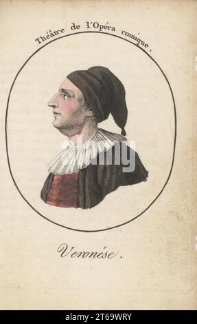 Charles-Antoine Veronese, Italian actor famous for his performance as Pantalon in the commedia dellarte, 1702-1762. Debuted at the Comedie-Italienne in 1744. Veronese. Theatre de l'Opera comique. Handcoloured stipple engraving after Jacques Grasset Saint-Sauveur from Acteurs et Actrices Celebres, Famous Actors and Actresses, Chez Latour Libraire, Paris, 1808. Stock Photo