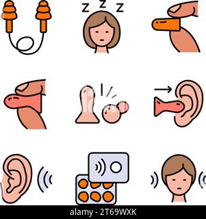Earplugs color icons set. Care device. Ear protection. Vector signs isolated on white background. Earplug symbols collection. Noise symbol. Vector ill Stock Vector