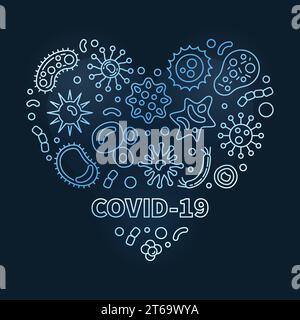 Vector Covid-19 Corona Virus Blue Heart linear concept illustration on dark background Stock Vector
