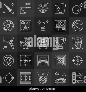 Game outline concept icons. Videos games and gaming linear signs on dark background Stock Vector