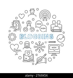 Blogging vector circular concept illustration or banner in outline style Stock Vector