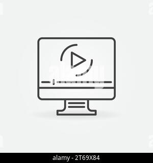Computer with Online Video vector outline concept icon Stock Vector
