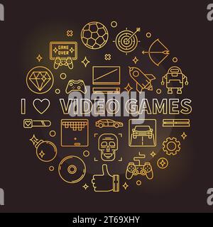 I Love Video Games vector golden concept round linear illustration on dark background Stock Vector