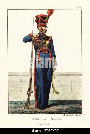 Uniform of a French Marine, Napoleon's army. In shako helmet with brush, blue uniform with scarlet frogging, armed with musket and sabre. Marin, ex-Garde. Handcoloured lithograph by Lorenzo Bianchi and Domenico Cuciniello after Hippolyte Lecomte from Costumi civili e militari della monarchia francese dal 1200 al 1820, Naples, 1825. Italian edition of Lecomtes Civilian and military costumes of the French monarchy from 1200 to 1820. Stock Photo