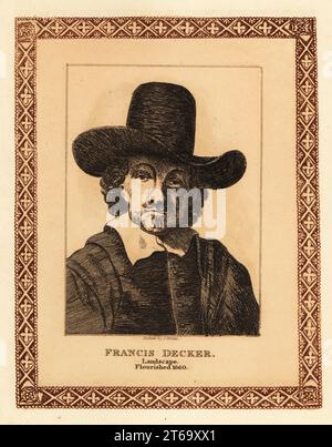 Portrait of Francis Decker, 17th century Dutch landscape painter, flourished 1660. Tinted etching within a decorative border by John Girtin from John Girtins Seventy-Five Portraits of Celebrated Painters from Authentic Originals, J. MCreery, London, 1817. Stock Photo