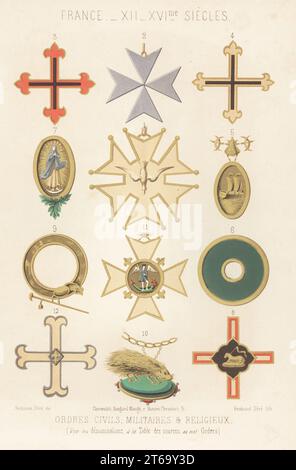 Crosses and badges of various Orders of Chivalry. Holy Spirit 1, Saint Michael 11, Porcupine 10, etc. Civil Orders, Military and Religious, 12th to 16th century. Chromolithograph drawn and lithographed by Ferdinand Sere from Charles Louandres Les Arts Somptuaires, The Sumptuary Arts, Hangard-Mauge, Paris, 1858. Stock Photo