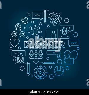 Blogger vector circular concept blue outline illustration on dark background Stock Vector