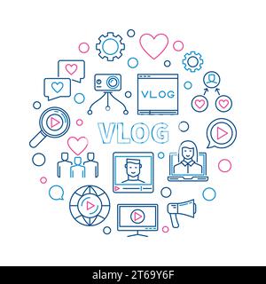 Vlog vector round concept creative thin line illustration on white background Stock Vector