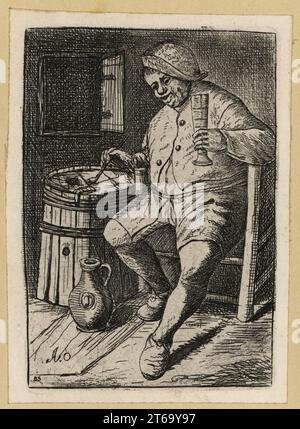 17th century Dutch peasant man drinking in a tavern, holding a glass and tobacco pipe, with barrel and jug. Copperplate engraving by David Deuchar after an original by Adriaen van Ostade from A Collection of Etchings after the most Eminent Masters of the Dutch and Flemish Schools, Edinburgh, 1803. Stock Photo