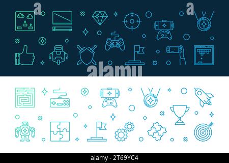 Games colored outline banners. Vector Game concept horizontal illustration Stock Vector