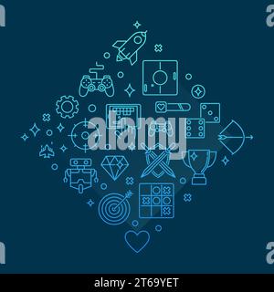 Video Game vector concept gaming outline blue illustration on dark background Stock Vector