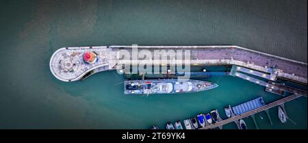 An aerial view of boats moored near the pier and Ramsgate Lighthouse. England, UK Stock Photo
