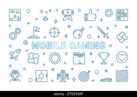 Mobile Gaming vector concept horizontal illustration or banner in outline style Stock Vector