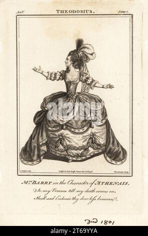 Mrs Ann Barry in the character of Athenais in Nathaniel Lees Theodosius, Kings Theatre, 1766. Ann Street, 1734-1801, was a leading actress of the 18th century appearing as Mrs Dancer, Mrs. Barry and Mrs. Crawford. Copperplate engraving by J. Thornthwaite after an illustration by James Roberts from Bells British Theatre, Consisting of the most esteemed English Plays, John Bell, London, 1776. Stock Photo