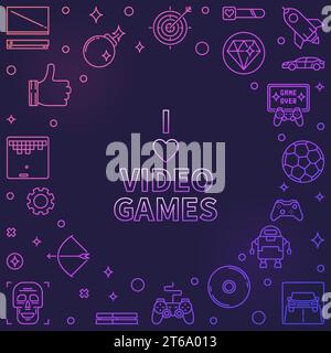 I Love Video Games colorful frame. Vector game concept outline illustration on dark background Stock Vector