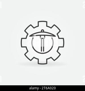 Cog Wheel with Pick Axe line icon. Data Mining vector concept linear symbol Stock Vector
