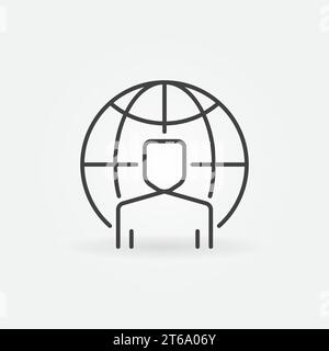 Man with Earth globe vector concept icon or sign in thin line style Stock Vector