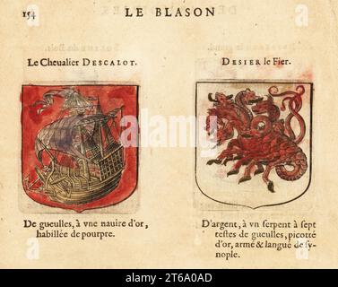 Coats of arms of the Eighth Chapter of King Arthurs Knights of the Round Table: the Knight attired in Scarlet, with gold ship, Dezier the Fierce, with seven-headed serpent. Chevaliers de la table ronde: le Chevalier DESCALOT, DESIER le Fier. Handcoloured woodblock engraving from Hierosme de Baras Le Blason des Armoiries, Chez Rolet Boutonne, Paris, 1628. Stock Photo