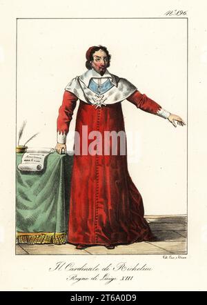 Armand Jean du Plessis, Cardinal Richelieu, 1585-1642. French clergyman and statesman, l'Éminence rouge., reign of King Louis XIII. In crimson cassock with white collar and cuffs. Le Cardinal de Richelieu. Regne de Louis XIII. Handcoloured lithograph by Lorenzo Bianchi and Domenico Cuciniello after Hippolyte Lecomte from Costumi civili e militari della monarchia francese dal 1200 al 1820, Naples, 1825. Italian edition of Lecomtes Civilian and military costumes of the French monarchy from 1200 to 1820. Stock Photo