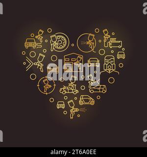 Auto Body Painting vector Automotive concept outline golden illustration in Heart Shape Stock Vector
