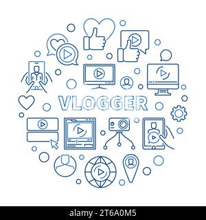Vlogger vector round creative illustration or banner in thin line style Stock Vector