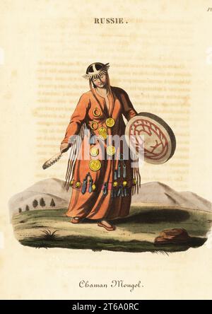 Female magician or shaman, Mongol people, 18th century. She wears an iron  hat and a fringed leather dress decorated with iron pieces. She holds a  drum and feather. Mongol shaman, Chaman Mongol.Handcoloured