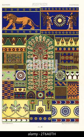 Art from ancient Assyria. Painted sculptures and enamelled bricks from the Palace of Khorsabad, Nineveh, 1-23, and Persepolis, 24-33. Hand-finished chromolithograph by Dufour & Lebreton from Albert-Charles-Auguste Racinets LOrnement Polychrome, (Polychromatic Ornament), Firmin-Didot, Paris, 1869-73. Stock Photo