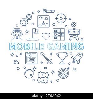 Mobile Gaming vector concept round illustration in outline style Stock Vector