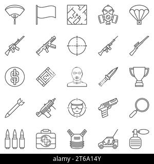 Battle Royale Video Game outline vector concept icons set Stock Vector