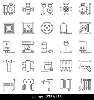 Heating and boiler room outline icons set. Vector collection of pumps and heaters linear signs Stock Vector
