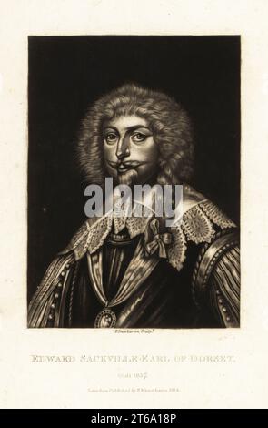 Edward Sackville, 4th Earl of Dorset KG (1591-1652), English courtier, soldier and politician. Mezzotint engraving by Robert Dunkarton after a portrait by Sir Anthony van Dyck from Richard Earlom and Charles Turner's Portraits of Characters Illustrious in British History Engraved in Mezzotinto, published by S. Woodburn, London, 1814. Stock Photo