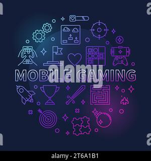 Mobile Gaming vector concept round colorful outline illustration on dark background Stock Vector