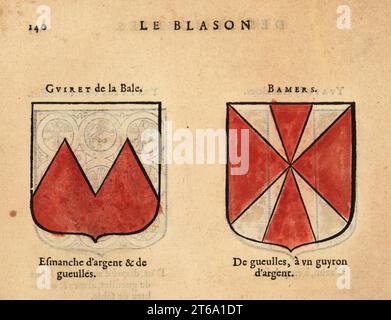 Imaginary coats of arms of King Arthurs Knights of the Round Table: Guivret the Small with silver and red and Banyer., Chevaliers de la table ronde: Guiret de la Bale, Bamers. Handcoloured woodblock engraving from Hierosme de Baras Le Blason des Armoiries, Chez Rolet Boutonne, Paris, 1628. Stock Photo