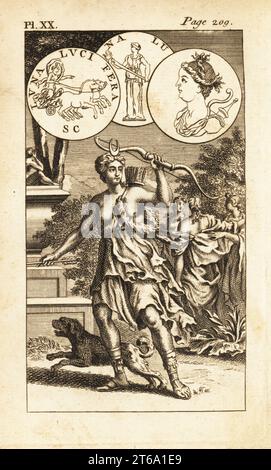 Diana, Roman goddess of the woods and the hunt. Shown with deerskin robe, bow, quiver and arrows. Copperplate engraving from Andrew Tookes The Pantheon, Representing the Fabulous Histories of the Heathen Gods, London, 1757. Stock Photo