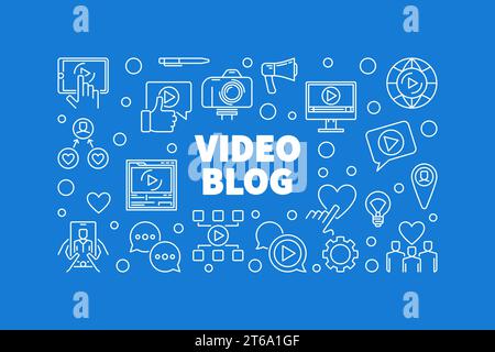 Video Blog vector concept horizontal illustration or banner in thin line style Stock Vector
