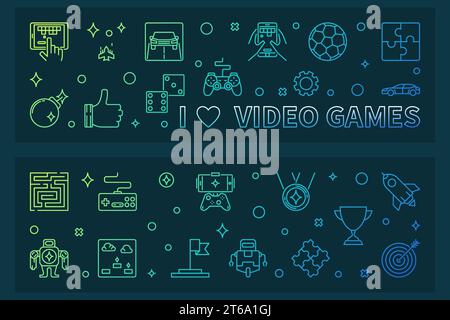 I Love Video Games outline colorful banners - vector Game illustration on dark background Stock Vector