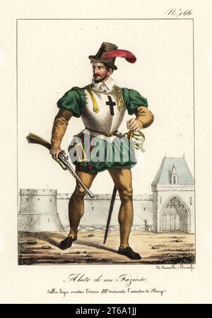 A partisan of the League opposing King Henry III during the Siege of Paris, French Wars of Religion, 1590. In plumed hat, breastplate, doublet, bombasted hose, armed with musket and swrod. Costume d'un Ligueur pendant le Siege de Paris. Handcoloured lithograph by Lorenzo Bianchi and Domenico Cuciniello after Hippolyte Lecomte from Costumi civili e militari della monarchia francese dal 1200 al 1820, Naples, 1825. Italian edition of Lecomtes Civilian and military costumes of the French monarchy from 1200 to 1820. Stock Photo