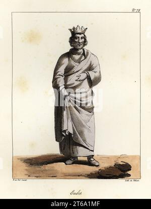 Odo or Eudes (c. 857-898), King of the West Franks, first king from the Robertian dynasty. Eudes. Tinted lithograph by Villain after an illustration by Horace de Viel-Castel from his Collection des costumes, armes et meubles pour servir à l'histoire de la France (Collection of costumes, weapons and furniture to be used in the history of France), Treuttel & Wurtz, Bossange, 1827. Stock Photo
