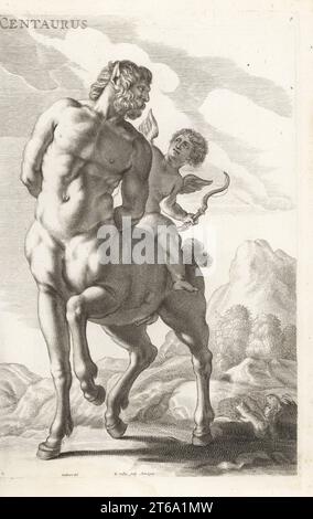 Old centaur teased by Eros. From a sculpture in the Borghese collection, now in the Louvre. Centaurus. Copperplate engraving by Richard Collin after an illustration by Joachim von Sandrart from his LAcademia Todesca, della Architectura, Scultura & Pittura, oder Teutsche Academie, der Edlen Bau- Bild- und Mahlerey-Kunste, German Academy of Architecture, Sculpture and Painting, Jacob von Sandrart, Nuremberg, 1675. Stock Photo