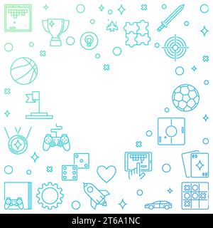 Vector colorful Frame with Game outline icons in Heart shape. I love Video Games vector concept illustration Stock Vector