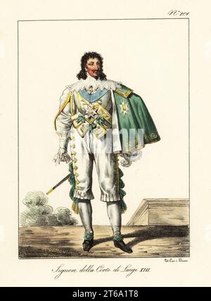 French nobleman at the court of King Louis XIII, 17th century. In short cape, embroidered jacket and pantalons, hose and ribbon shoes, court sword. Seigneur de la Cour de Louis XIII. Handcoloured lithograph by Lorenzo Bianchi and Domenico Cuciniello after Hippolyte Lecomte from Costumi civili e militari della monarchia francese dal 1200 al 1820, Naples, 1825. Italian edition of Lecomtes Civilian and military costumes of the French monarchy from 1200 to 1820. Stock Photo