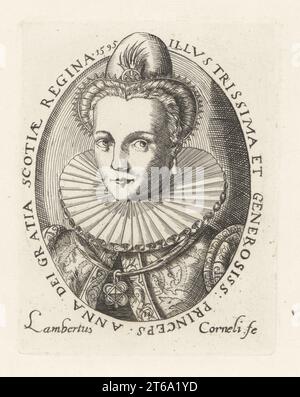 Anne of Denmark, queen of Scotland and England, 1574-1619. Wife of King James VI of Scotland, later James I of England. In hat, earrings, ruff collar, brocade gown. Princeps Anna Dei Gratia Scotiae Regina 1595. Copperplate engraving by Lambertus Corneli from Samuel Woodburns Gallery of Rare Portraits Consisting of Original Plates, George Jones, 102 St Martins Lane, London, 1816. Stock Photo